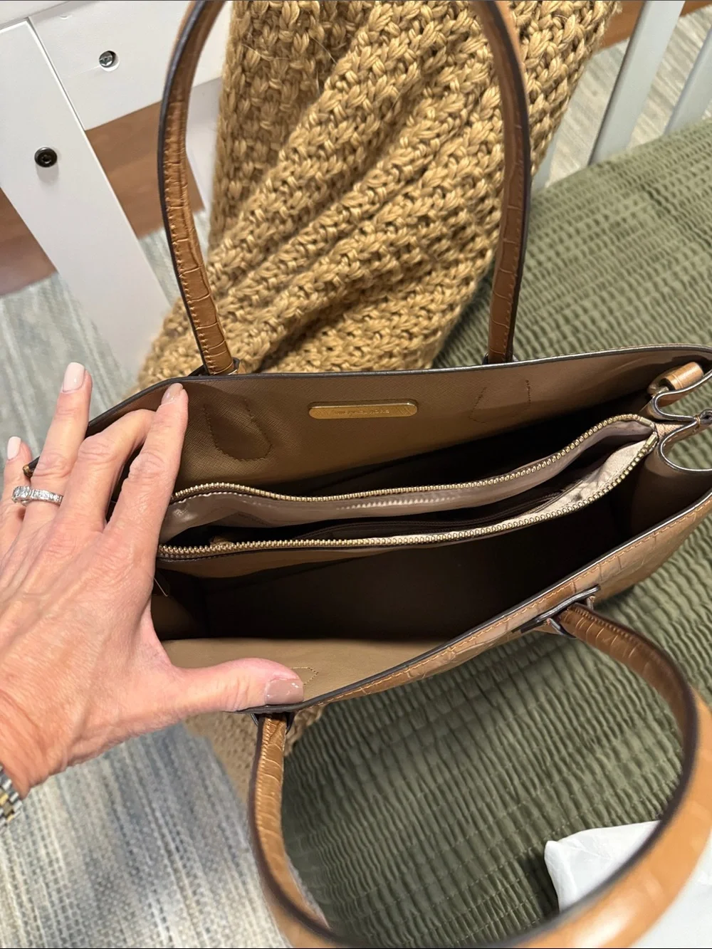 Michael Kors Mercer Croc-Embossed Tan Leather Tote - Picture 3 of 8